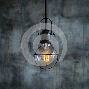 Creative lighting hanging lightbulb on industrial cement background