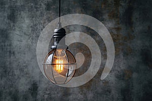 Creative lighting hanging lightbulb on industrial cement background