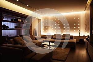 creative lighting idea for cozy living room, with dimmed lights and warm atmosphere