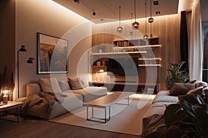 creative lighting idea for cozy living room, with dimmed lights and warm atmosphere