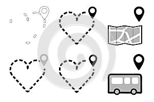 Creative line art icon set showing heart shaped routes, bus and travel paths, and navigation markers for design and mapping photo