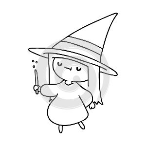 A creative line drawing of a cute kawaii witch girl