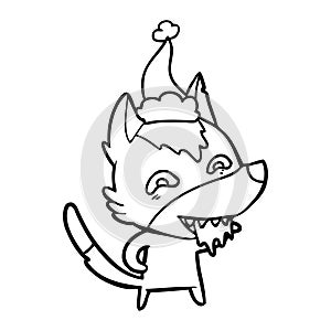 A creative line drawing of a hungry wolf wearing santa hat