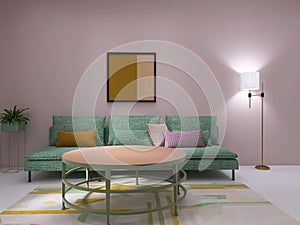 Creative living room interior 3d render, 3d illustration concept decoration