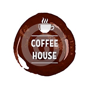 Creative logo for coffee house with printed lettering on dark brown stain with white cup