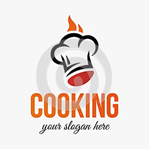 Creative logo for cooking master class or restaurant with chef hat element. Vector style