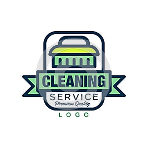 Creative logo, emblem, badge or label with cleaning brush and decorative ribbon. Maid or car wash service. Simple vector