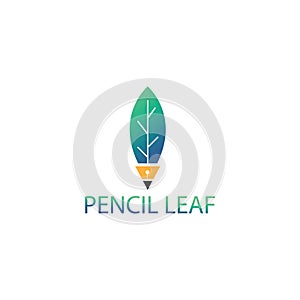 Creative logo stationery, green leaf pencil illustration design vector