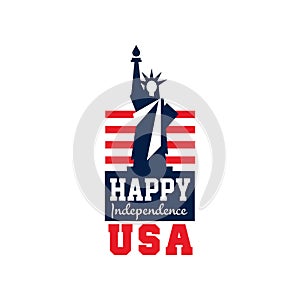 Creative logo with Statue of Liberty and US flag. Independence day. National holiday. Happy 4th of July. Flat vector