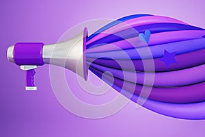 Creative loudspeaker with colorful sound wave on purple backdrop. Voting and fighting for your rights concept.