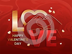 Creative LOVE Text With Golden Human Hands Making A Heart On Red Acrylic Liquid Background For Happy Valentine`s Day