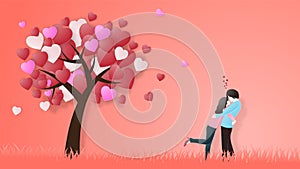Creative of love valentines day concept. Love couple hug under love heart tree background