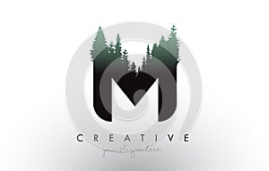 Creative M Letter Logo Idea With Pine Forest Trees. Letter M Design With Pine Tree on Top