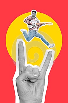 Creative magazine collage of funny guy youth rocker jump up play bank rock song on horned symbol fingers over red yellow