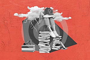 Creative magazine collage image of exhausted upset lady tired of education isolated red color background