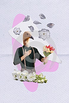 Creative magazine collage image of impressed duck head guy giving flowers bouquet  pink color background
