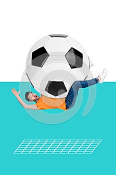 Creative magazine template collage of amazed guy playing soccer safe football gate goal world cup winning concept