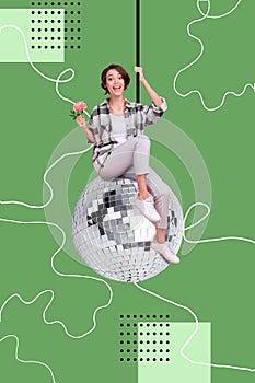 Creative magazine template collage of energetic youth lady sitting hanging glitter disco ball celebrate 8 march night