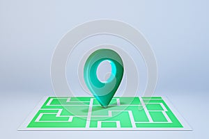 Creative map with green location pin on light background. GPS navigation concept.