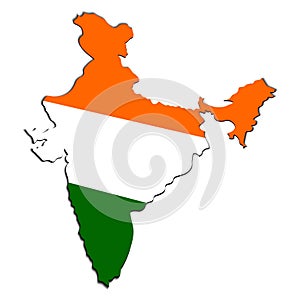 Creative map of India with national Indian tricolor flag. Design element with shadow. Template for background, banner