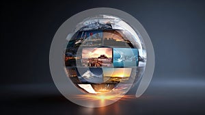 Creative media technologies concept: glowing sphere with images