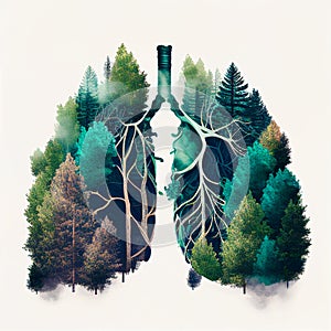 Creative metaphoric illustration of human lungs in the shape of green forest trees with lush vegetation foliage. Environment