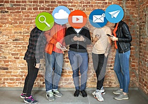 Creative millenial people connecting and sharing social media. Modern UI icons as heads