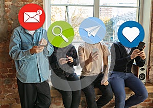 Creative millenial people connecting and sharing social media. Modern UI icons as heads