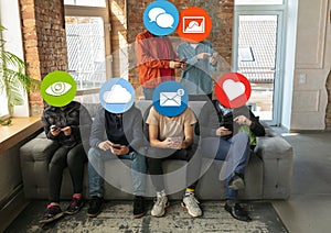 Creative millenial people connecting and sharing social media. Modern UI icons as heads
