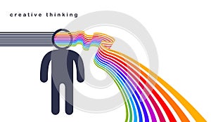 Creative mind brain vector concept in flat trendy design style, colorful rainbow stripes goes out of man head symbolizes creative