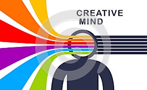 Creative mind brain vector concept in flat trendy design style, colorful rainbow stripes goes out of man head symbolizes creative