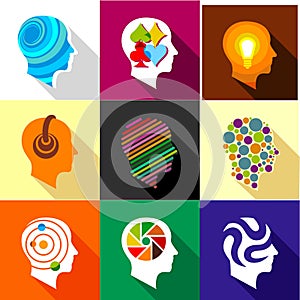 Creative mind icons set, flat style