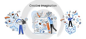 Creative mind, imagination or brainstorm or originative idea concept. Phantasy flow and creativity