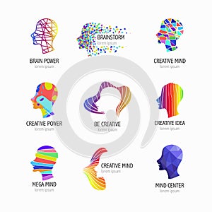 Creative mind, learning and design icons. Man head, people symbols. Vector illustration