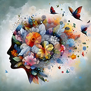 A creative mind, positive thinking, beautiful abstract head, flowers, birds, butterflies, vegetation, nature