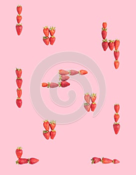 Creative minimal concept: arcade 80s game made of fresh strawberries on a bright pink background. Flat lay, top view design.