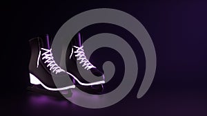 Creative minimal Sport idea. Concept Neon ice skates on Black Background. Event design concept.