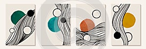 Creative minimalist Abstract art background with watercolor stain circle Shape and hand draw linear wave. Cosmic abstract