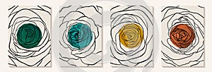 Creative minimalist hand painted Abstract art background with watercolor stain and Hand Drawn doodle rose outline. Design for wall