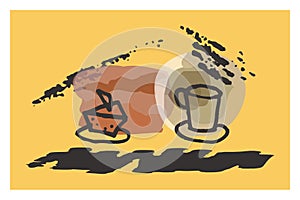 Creative minimalist hand painted abstract artistic background food, dessert. Doodle cup of tea, coffee with cake Painting ink