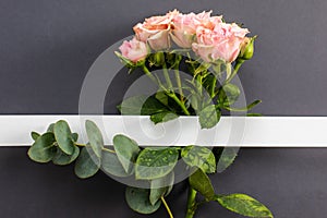 Creative mock up layout made with paper card for inscription, peony rose flower and sprig of eucalyptus