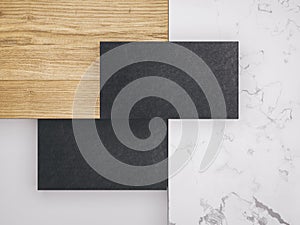 Minimalistic mockup with business cards on wood and warble texture.Creative mockup set. photo