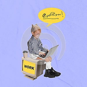 Creative modern design. Contemporary art collage. Little girl pretending to be office worker typing on laptop isolated