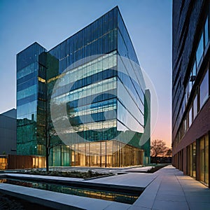 creative modern glass office building of a large corporation in the city, environmental building design with proportional