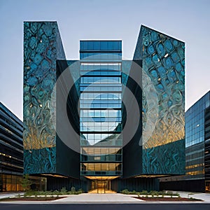 creative modern glass office building of a large corporation in the city, environmental building design with proportional