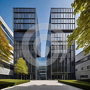 creative modern glass office building of a large corporation in the city, environmental building design with proportional