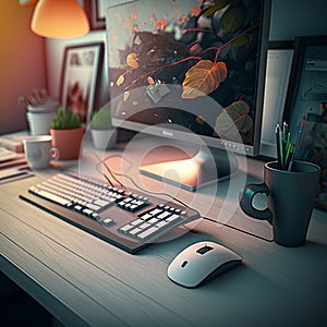 Creative Modern Office Captured: Desktop Computer, Keyboard, and Mouse in Focus. Generative AI