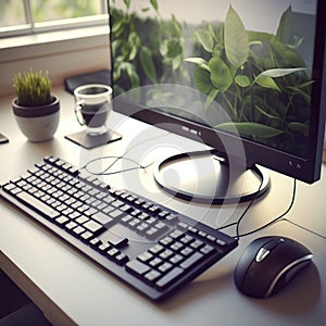 Creative Modern Office Captured: Desktop Computer, Keyboard, and Mouse in Focus. Generative AI