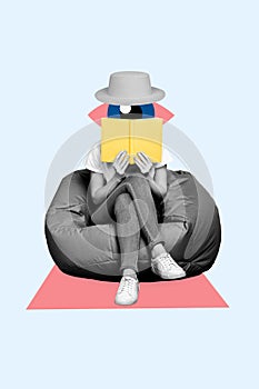 Creative montage artwork poster banner collage of hacker spy with eye face hide over reading book