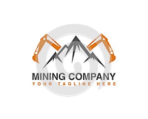 Creative Mountain Mining Vector Logo with Excavator.